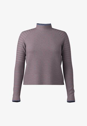 Light gray knit turtleneck sweater with ribbed texture, featuring a solid body and striped sleeves, and a contrasting blue trim at the collar.