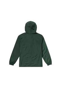 Giacca impermeabile verde con cappuccio, polsini elasticizzati e una texture di tessuto liscia. Progettata per l'abbigliamento outdoor con una vestibilità comoda.
