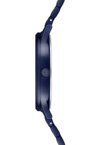 Marineblaue Uhr mit einem schlanken Metallgehäuse, glattem Ring und einem passenden Gliederarmband. Verfügt über eine strukturierte Krone an der Seite.