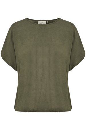Olivgrön kortärmad topp med lös passform, runt halsringning och slät yta. Har en minimalistisk design och ingen synlig hårdvara.