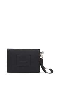 Borsa a mano in pelle nera con una texture liscia. Presenta una tasca frontale e una tracolla removibile. Forma rettangolare semplice con logo in rilievo.
