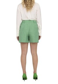 Pantalones cortos de lino verde de cintura alta con un corte entallado. Combinados con una camisa blanca de manga larga y zapatos de tacón verdes.