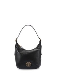 Borsa a mano in pelle nera con forma curva, dettagli in metallo dorato, logo ben visibile e una sola tracolla per il trasporto.