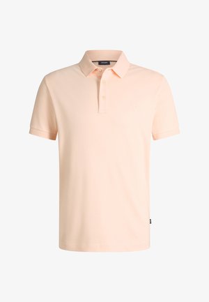 Jasnoróżowa koszulka polo z krótkim rękawem, kołnierzykiem i trzema guzikami, z subtelnie wyhaftowanym logo na piersi.