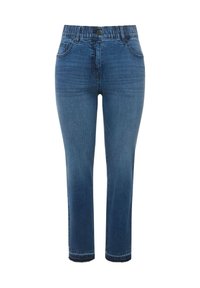 Džínové kalhoty v tmavě modré barvě se rovný fit. Mají elastický pas, dvě přední kapsy a jedno tlačítko na zapínání.
