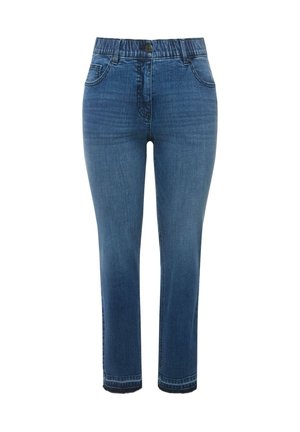 Donkerblauwe denim jeans met een rechte pasvorm. Voorzien van een elastische tailleband, twee voorzakken en een enkele knoopsluiting.