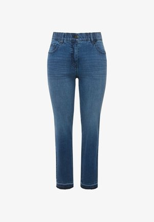 Jeans in denim blu scuro con vestibilità dritta. Presentano un cinturino elastico, due tasche frontali e una chiusura con singolo bottone.