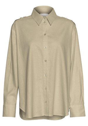 Beige long-sleeve button-up shirt made of soft fabric. Features a classic collar, front buttons, and shoulder accents.