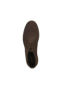 Brown suede shoe with a smooth texture, round toe, and lacing design. Brand logo visible on the black insole. Simple, minimalistic shape.