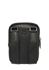 Schwarze Lederhandtasche mit zwei verstellbaren Trägern. Verfügt über einen Reißverschluss und ein dezentes, geprägtes Logo auf der Vorderseite. Glatte Textur. Kompakte Form.