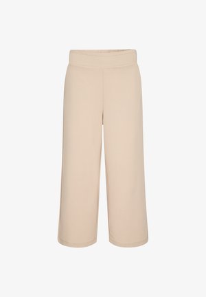 Beige wide-leg pants with a smooth, soft texture and an elastic waistband, featuring a relaxed silhouette and cropped length.