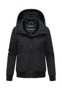 Veste noire à capuche avec fermeture éclair, doublure matelassée, poignets et ourlet en côtes, et poches latérales, taille petite.