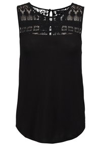 Top senza maniche nero con collo in pizzo e chiusura a chiave sul retro. Tessuto morbido con orlo arrotondato e dettagli in pizzo intricati.