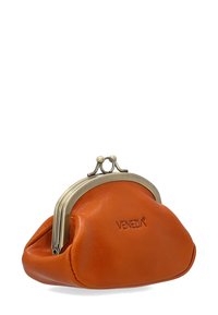 Orange leather coin purse with a silver metal clasp, rounded shape, and embossed "VENEZIA" logo on the front.