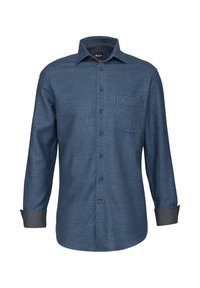 Camicia azzurra a maniche lunghe con colletto a bottoni, taschino singolo sul petto e polsini fantasia, realizzata in un tessuto testurizzato.