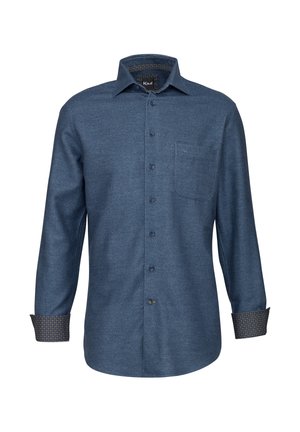 Camicia azzurra a maniche lunghe con colletto a bottoni, taschino singolo sul petto e polsini fantasia, realizzata in un tessuto testurizzato.