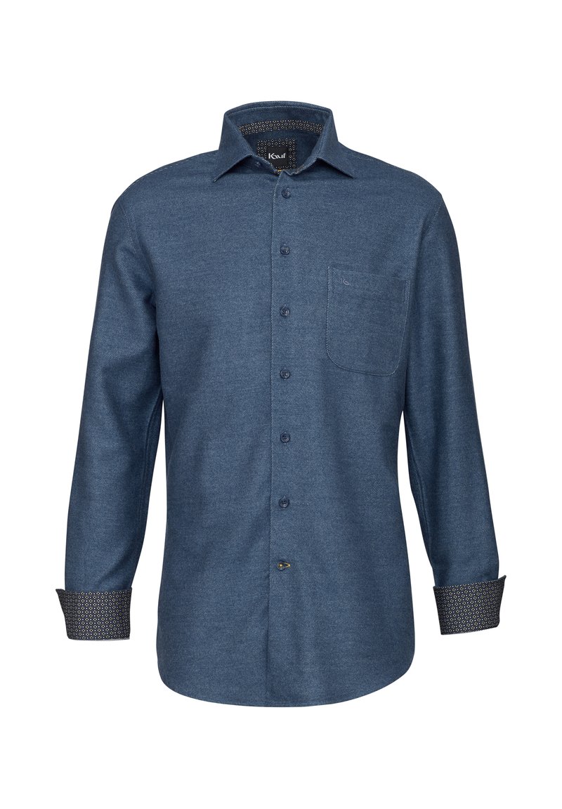 Camicia azzurra a maniche lunghe con colletto a bottoni, taschino singolo sul petto e polsini fantasia, realizzata in un tessuto testurizzato.