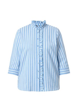 Lichtblauwe blouse met verticale witte strepen, driekwart mouwen, gerimpelde kraag en voorzijde met knopen en ruches.