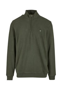 Olivgrüner Quarter-Zip-Pullover aus weichem Material mit langen Ärmeln, geripptem Saum und Bündchen, versehen mit einem kleinen Baumlogo auf der Brust.