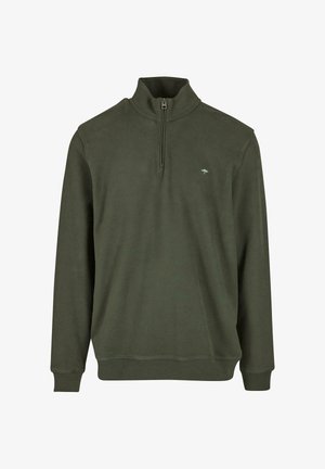 Õlivääris roheline veerand-prindiga sviiter pehmest kangast, millel on pikad varrukad, ribakujuline äär ja mansetid, ning rinnal väike puu logo.