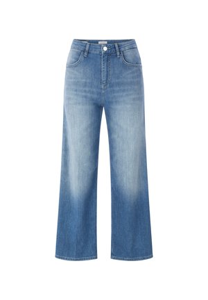 Hoch sitzende, weit geschnittene blaue Denim-Jeans mit Fronttaschen, Gürtelschlaufen, Knopfverschluss und ausgewaschenen Details.