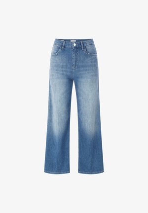 High-waist, wide-leg blue denim jeans with front pockets, belt loops, button closure, and faded wash details.