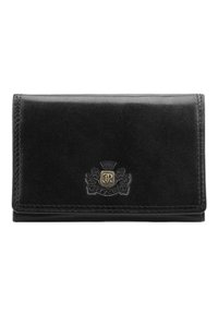 Portefeuille en cuir noir avec finition texturée, présentant un emblème en or et en argent. Design compact avec bords cousus, sans matériel visible.
