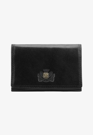 Portefeuille en cuir noir avec finition texturée, présentant un emblème en or et en argent. Design compact avec bords cousus, sans matériel visible.