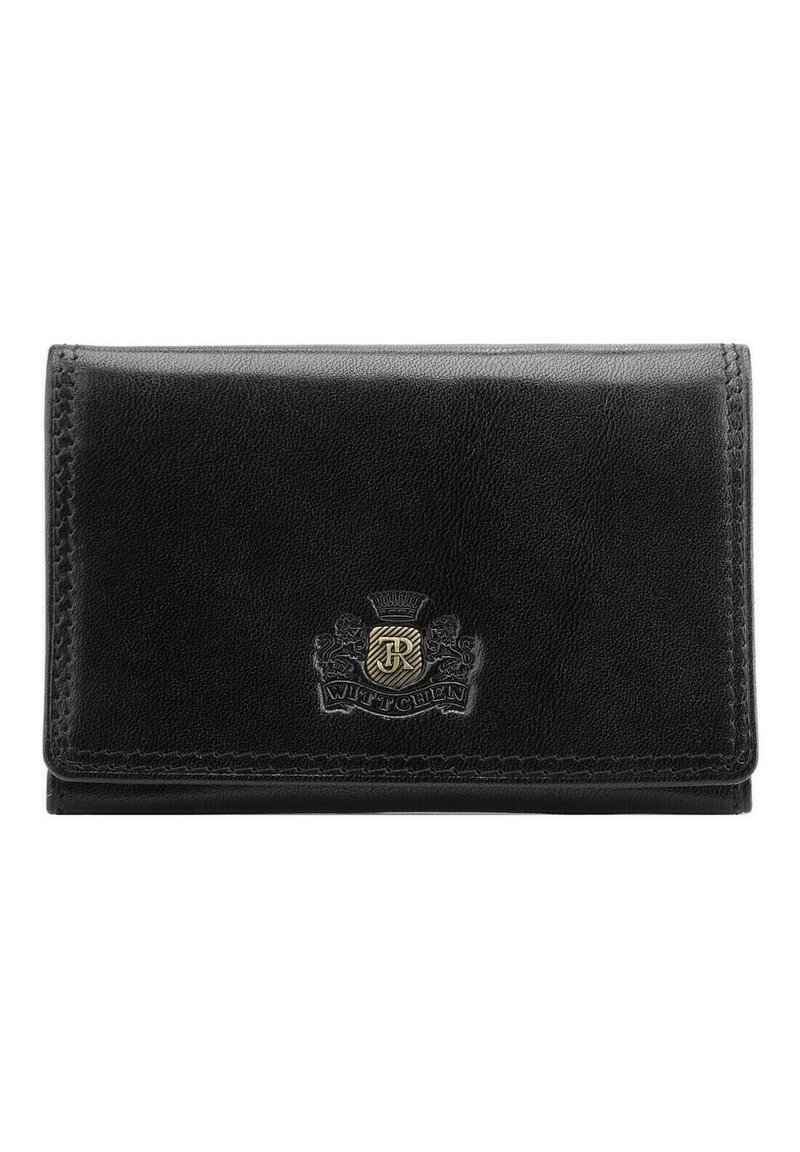 Portefeuille en cuir noir avec finition texturée, présentant un emblème en or et en argent. Design compact avec bords cousus, sans matériel visible.