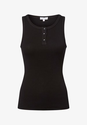 Black ribbed tank top with a round neckline, featuring three button closures down the front. Smooth texture and fitted design.
