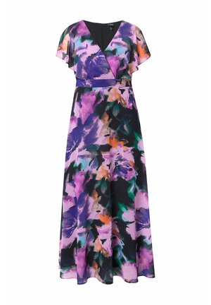 Czarna sukienka maxi w kwiaty z intensywnymi fioletowymi, zielonymi i pomarańczowymi wzorami. Posiada krótkie, falbaniaste rękawy i dekolt w kształcie litery V.