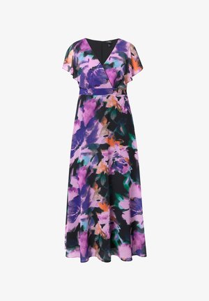 Czarna sukienka maxi w kwiaty z intensywnymi fioletowymi, zielonymi i pomarańczowymi wzorami. Posiada krótkie, falbaniaste rękawy i dekolt w kształcie litery V.