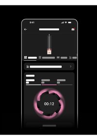 Smartphone-Oberfläche mit schwarzem Hintergrund, einer zylindrischen Produktillustration mit roségoldener Basis, einem Timer und UI-Elementen in Weiß und Pink.