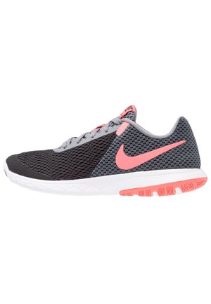 Gray and black mesh Nike running shoe with pink swoosh logo, pink accents, white sole, and textured tread on the heel.