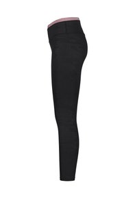 Svarta leggings med ett strukturerat mönster, designade för en tajt passform. Har en kontrasterande ljusrosa midja. Tillverkade av stretchigt material.