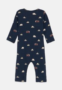Body per neonato blu navy a maniche lunghe, con motivo di vari veicoli in colori chiari. Tessuto a costine, morbido.