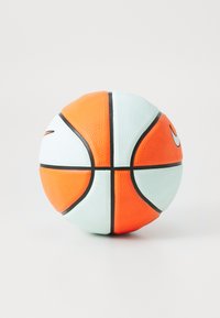 Nike basketball with a textured surface, divided into orange and light blue sections, accented by black seams and logo.
