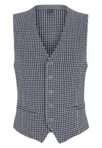 Sako s vzorem houndstooth v námořnické modré a bílé barvě, s výstřihem do V, pěti knoflíky a dvěma předními kapsami. Texturovaná látka. Bez rukávů.