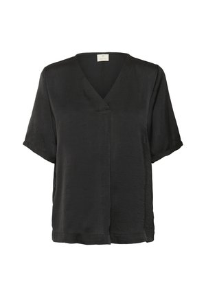 Must have lühikeste varrukatega must bluus V-kaelusega, valmistatud siledast kangast. Omab mugavat lõiget ja peent läiget, ilma nähtavate mustrite või kaunistusteta.
