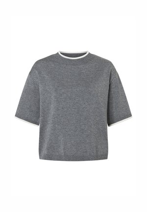 Grijze gebreide trui met korte mouwen, een geribde ronde halslijn en witte accenten op de kraag en manchetten. Heeft een boxy pasvorm en een zachte textuur.