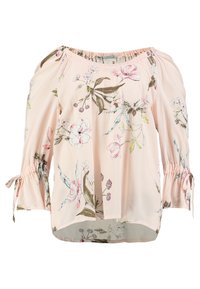 Blusa rosa chiaro con stampa floreale, dotata di un colletto elastico, maniche cinte e una vestibilità comoda. Realizzata in tessuto leggero.