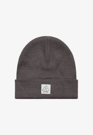 Gorro de punto de canalé gris oscuro con puño doblado y una etiqueta rectangular blanca que muestra un logotipo de montaña y la palabra "protesta."