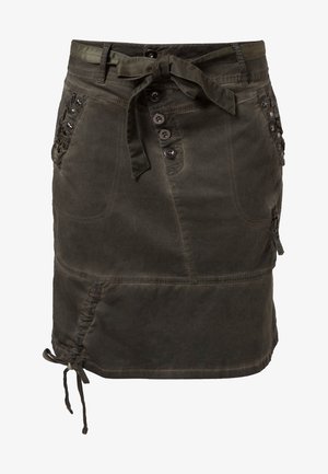 Dark green skirt made of sturdy fabric. Features a front button closure, belt loops, and side pockets with lace-up accents. Adjustable drawstring hem.