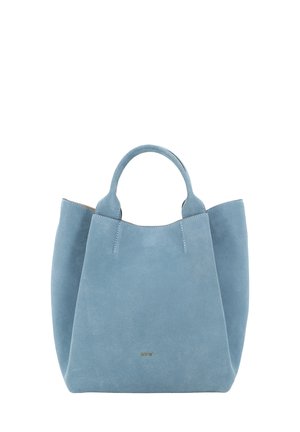 Light blue suede handbag with two rounded handles and a subtle gold logo centered near the bottom front.