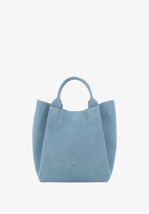 Light blue suede handbag with two rounded handles and a subtle gold logo centered near the bottom front.