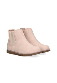 Botas de tobillo de ante rosa con paneles laterales elásticos, punta redondeada y suela de goma con un patrón de textura. Diseño simple y versátil.