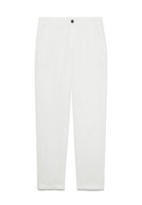 Vita byxor i lättviktsmaterial, med sidofickor och en enkel svart knappknäppning vid midjan. Rakt ben-design.
