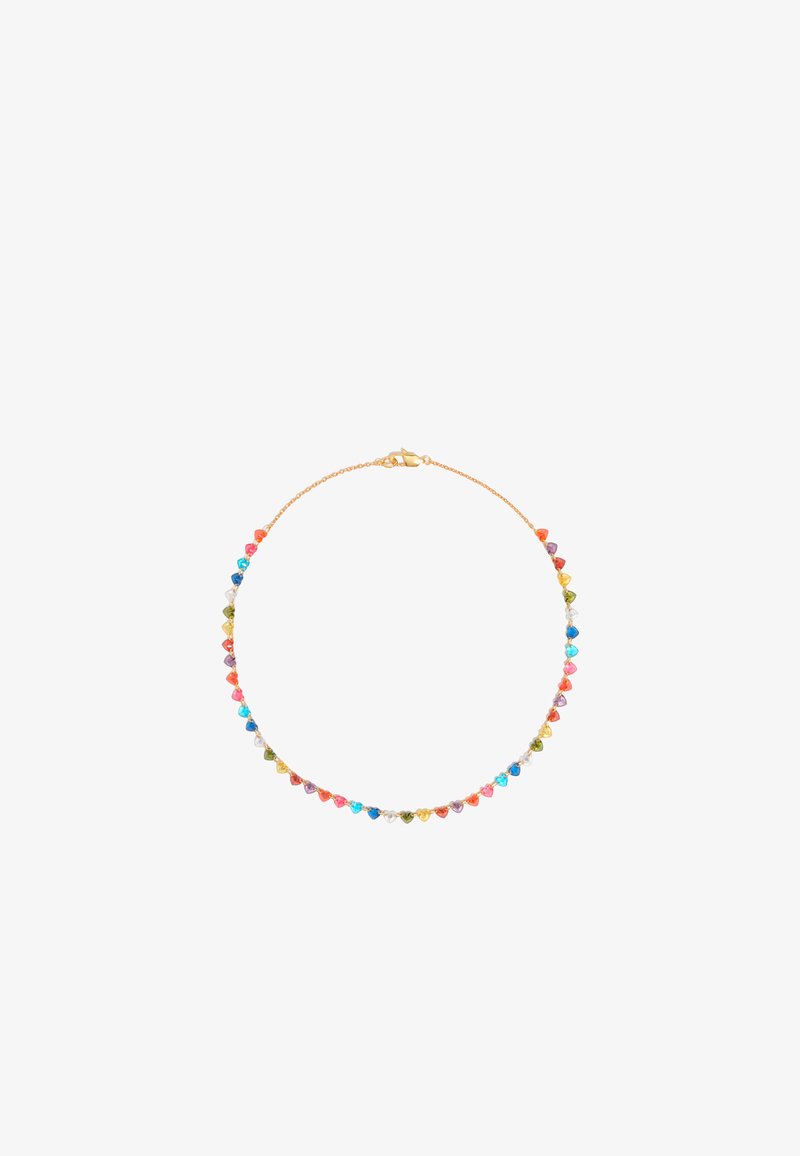 Collar en tono dorado que presenta piedras preciosas de diferentes formas y colores vibrantes, dispuestas en un patrón graduado a lo largo de una delicada cadena.