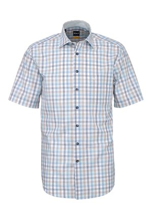 Kurzärmeliges Hemd mit Knöpfen, blau-grau-weiß kariertem Muster und spitzem Kragen, dargestellt auf weißem Hintergrund.