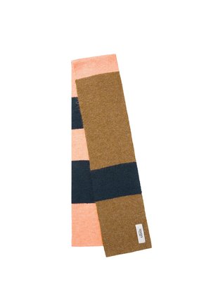 Knitted scarf with stripes in peach, dark blue, and brown. Features a soft texture and a label on one end.